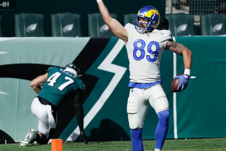 Eagles linebacker Nate Gerry (left) has had some rough moments this season, including this one in Week 2 when he gave up a touchdown pass to Rams tight end Tyler Higbee.