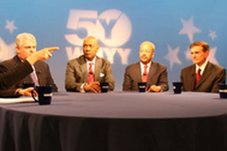 WHYY-FM host Marty Moss-Coane fires a question at last night&#0039;s televised debate among (from left) Bob Brady, Dwight Evans, Chaka Fattah, Tom Knox and Michael Nutter.