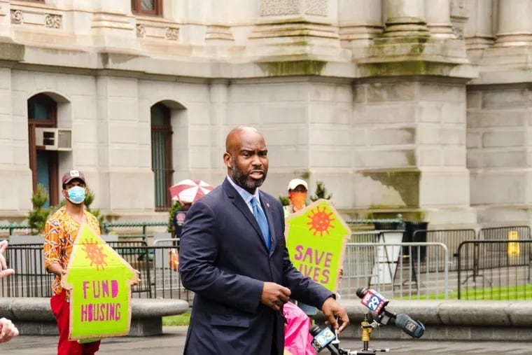 Councilmember Green at a 2020 rally in Dilworth Plaza at City Hall in support of the Housing Trust Fund.