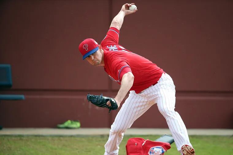 Phillies' Greg Burke throws a bullpen session at Phillies Spring Training in Clearwater, Fl on February 24, 2016.   DAVID MAIALETTI / Staff Photographer