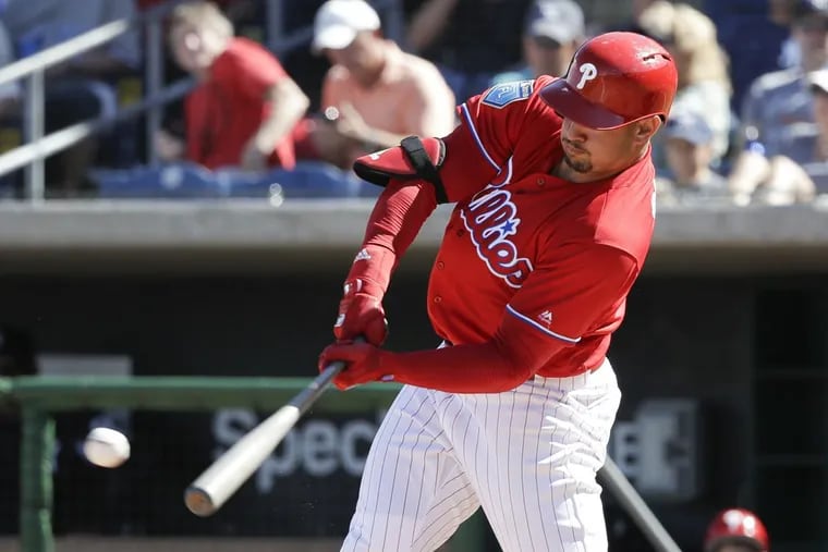 Phillies outfielder Dylan Cozens hits a fifth-inning double against the New York Yankees during a spring training game at Spectrum Field in Clearwater, FL on Sunday, February 25, 2018.