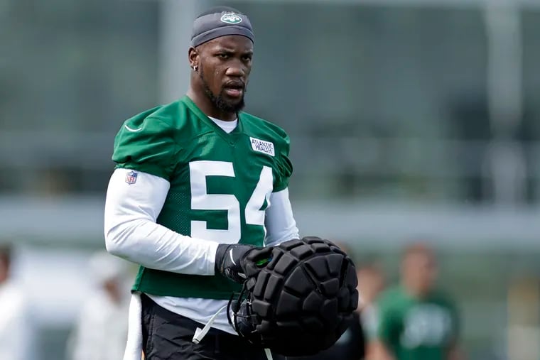 New York Jets defensive lineman Jacob Martin takes part in drills at the NFL football team's practice facility in Florham Park, N.J., Thursday, July 28, 2022. (AP Photo/Adam Hunger)
