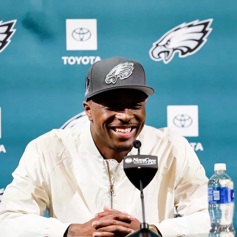 Eagles first-round draft pick Quinyon Mitchell during an introductory press conference at the NovaCare Complex on Friday.