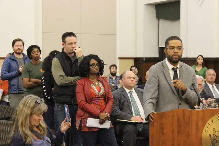 Speakers line up at a meeting of the Camden Planning Board where a controversial methadone clinic’s plan to relocate to the city’s Waterfront South neighborhood was approved late on Tuesday, Nov. 28, 2017. Speaking is city resident and activist Sean Brown, who was among those who expressed opposition to the project.