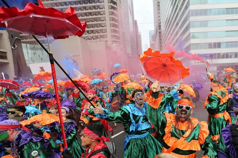 Members of the Saints Wench Brigade strut for the judges at Philadelphia City Hall during the Mummers Parade, New Year's Day in Philadelphia, PA on January 1, 2019.
