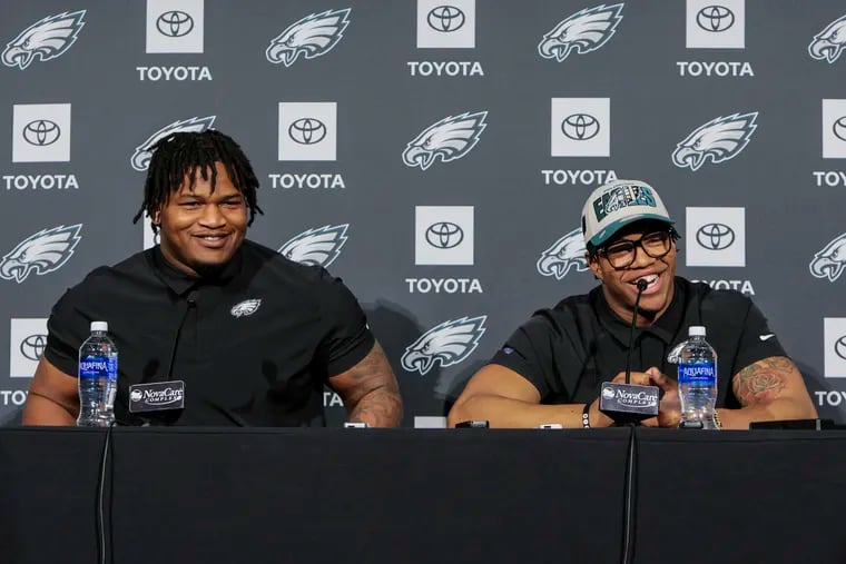 Eagles introduce first-round draft picks Jalen Carter (left) and Nolan Smith at the NovaCare Complex on Friday.