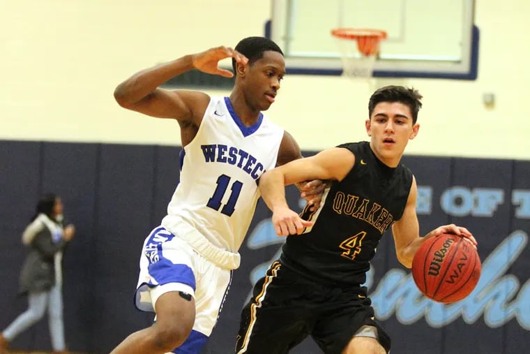 Moorestown's Jagger Zrada, right, pictured driving upcourt against Justin Peoples, left, of Westampton Tech on Jan. 15, scored 21 points in Monday's win over Willingboro.