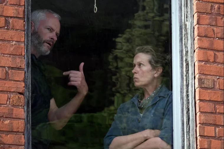 Director/writer Martin McDonagh and actress Frances McDormand on the set of "Three Billboards Outside Ebbing, Missouri."