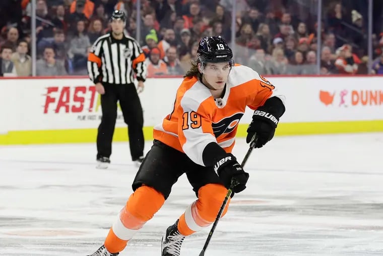 Flyers center Nolan Patrick, skating with the puck against the Pittsburgh Penguins last year, has missed the entire season because of a migraine disorder. GM Chuck Fletcher will update his status Monday.