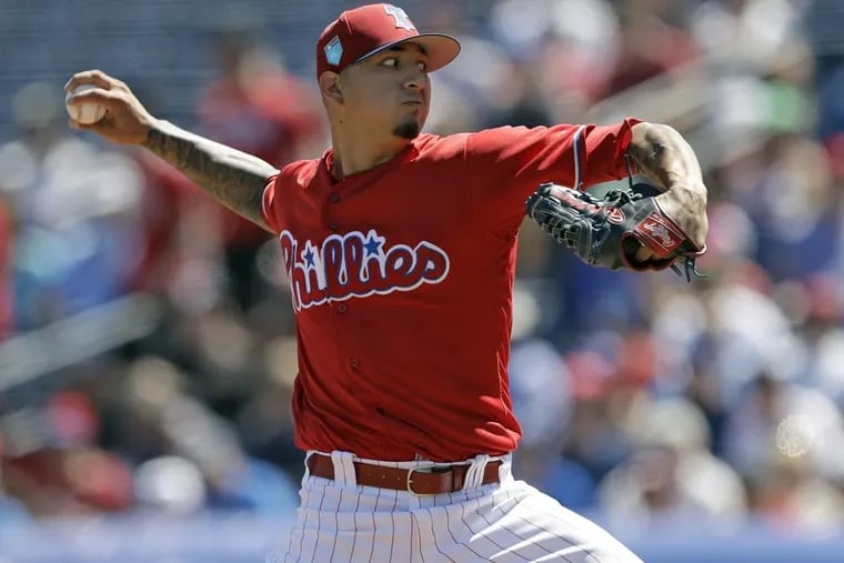 Phillies starting pitcher Vince Velasquez delivers to the Blue Jays during the first inning of a spring training game on Friday.
