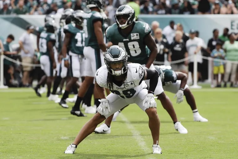 Eagles cornerback Avonte Maddox stretches during open practice at Lincoln Financial Field in South Philadelphia on Saturday, August 11, 2018. YONG KIM / Staff Photographer