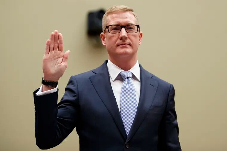 Deputy Assistant Attorney General for National Security Adam Hickey, is sworn in to testify on Capitol Hill in Washington, Wednesday, May 22, 2019, before the House Oversight and Reform National Security subcommittee hearing on "Securing U.S. Election Infrastructure and Protecting Political Discourse."
