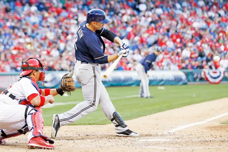 Milwaukee Brewers' Ryan Braun hits a eighth-inning three run home run against the Phillies on Tuesday, April 8, 2014.  ( Yong Kim / Staff Photographer )