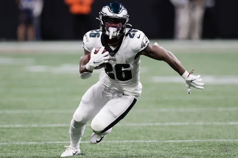 Eagles running back Miles Sanders runs with the football against the Atlanta Falcons on Sept. 15.