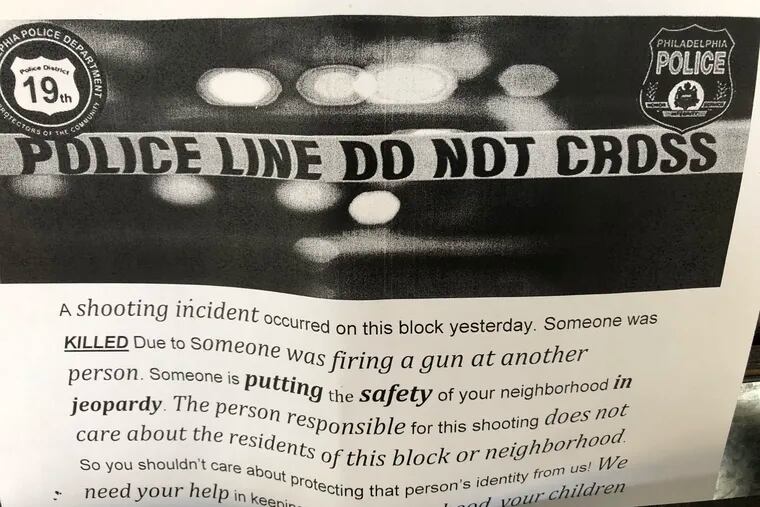 Police placed this flier in mailboxes on the 100 block of Dewey Street in West Philadelphia, where neighbors said a woman was shot dead Thursday while paying her respects to the family of a woman killed hours earlier nearby.