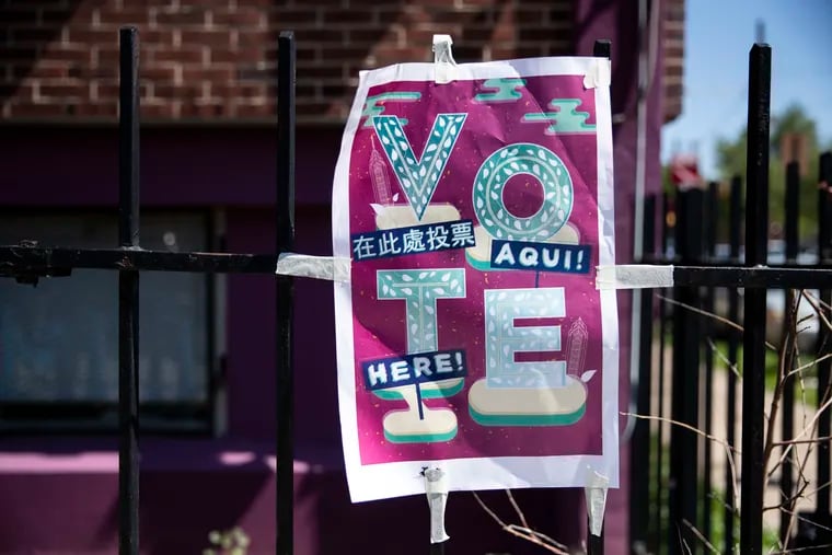 A "Vote Here" sign on a polling location in North Philadelphia on Tuesday.