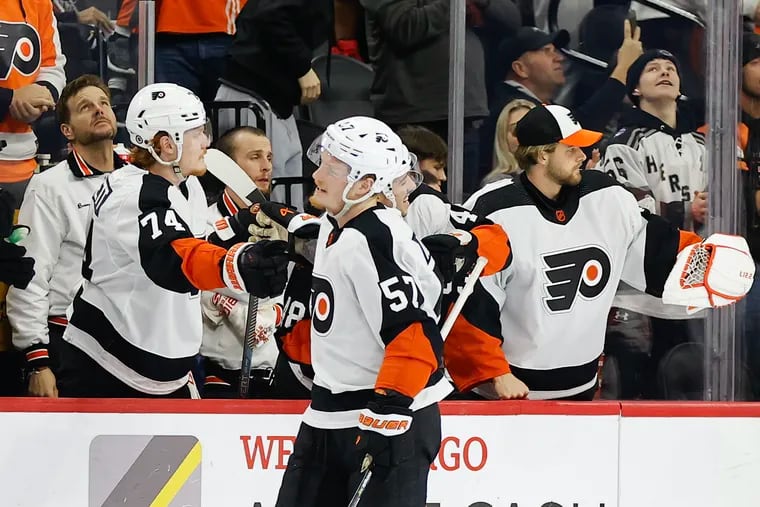 Wade Allison celebrates after his second-period goal on Thursday night against the Arizona Coyotes. The Flyers exploded for five goals in the second period.