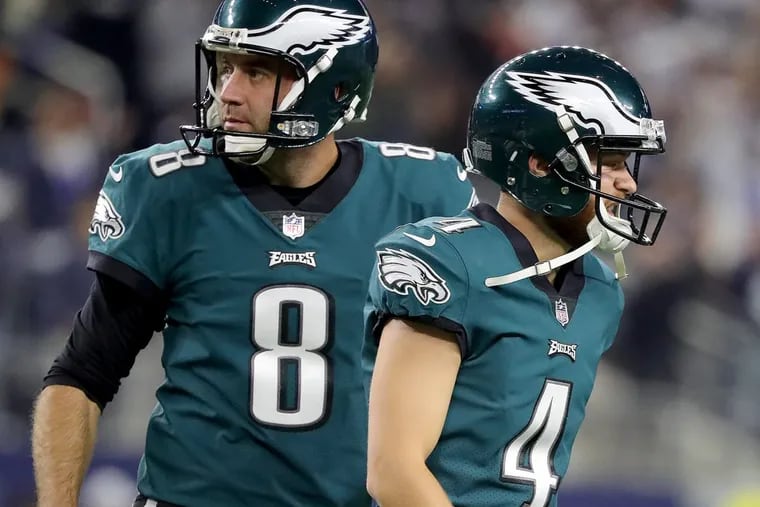 As it stands now, the Philadelphia Eagles don’t have a healthy kicker on the roster because Jake Elliott (right) is in the league-mandated concussion protocol after injuring his head on the opening kickoff against the Dallas Cowboys.
