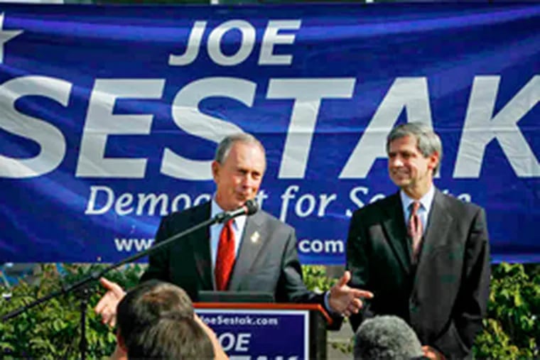 New York Mayor Michael Bloomberg (left), an independent, endorsed Democrat Joe Sestak (right) for U.S. Senate. (Alejandro A. Alvarez / Staff Photographer)