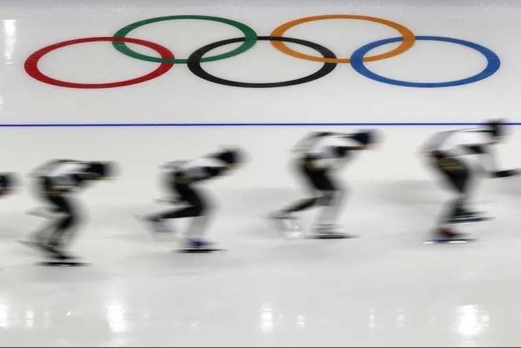 Speed skaters train at the Gangneung Oval.