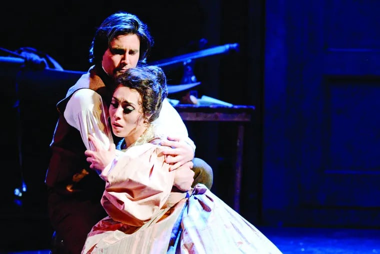 Rodolfo (Mackenzie Whitney) and Mimì (Marina Costa-Jackson) in Academy of Vocal Arts’ production of Puccini’s La bohème (continues Feb 12 & 14 in Center City; Feb 17 & 19 in Haverford)