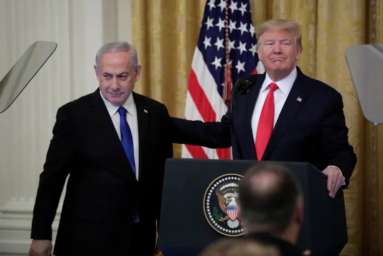 U.S. President Donald Trump and Prime Minister of Israel Benjamin Netanyahu hold their joint remarks at the White House in Washington on Jan. 28, 2020. Trump proposed the creation of a Palestinian state with a capital in East Jerusalem.