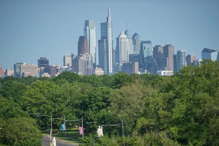 A view of the Philadelphia skyline as seen from the Great Lawn of the Mann Center for the Performing Arts in Fairmount Park.