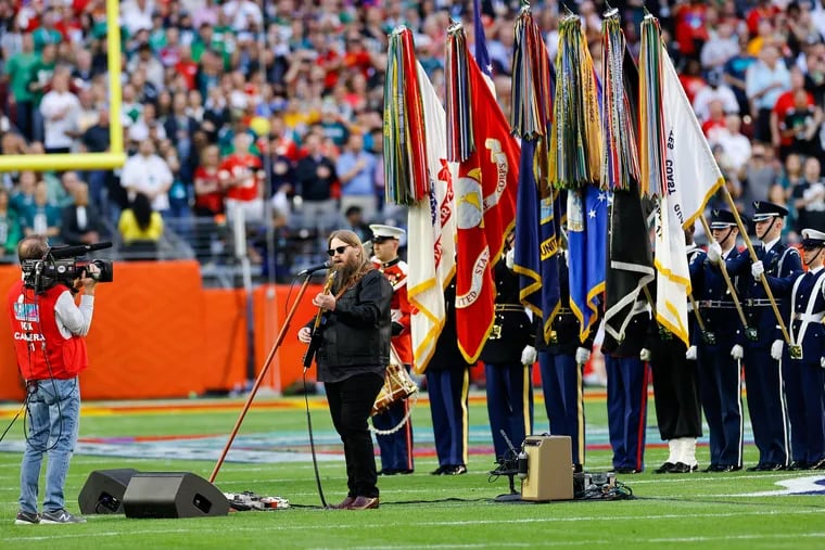 Chris Stapleton sings The National Anthem at the start of  Super Bowl LVII at State Farm Stadium on Sunday, Feb. 12, 2023, in Glendale, AZ.