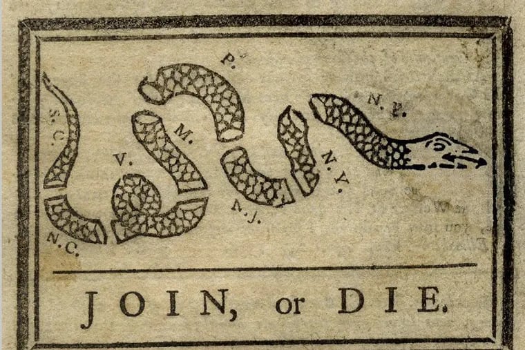 This political cartoon, long said to be the work of Ben Franklin, appeared in the May 9, 1754, edition of Franklin's Pennsylvania Gazette,