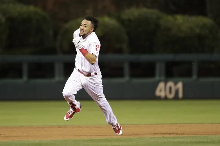 Phillies rookie J.P. Crawford in a action during a baseball game against the Los Angeles Dodgers, Tuesday.