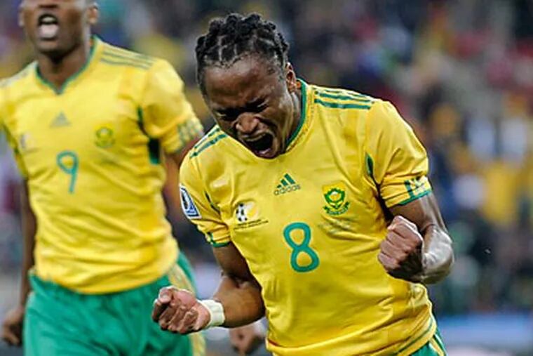 South Africa's Siphiwe Tshabalala scored the first goal of the 2010 World Cup. (AP Photo/Martin Meissner)