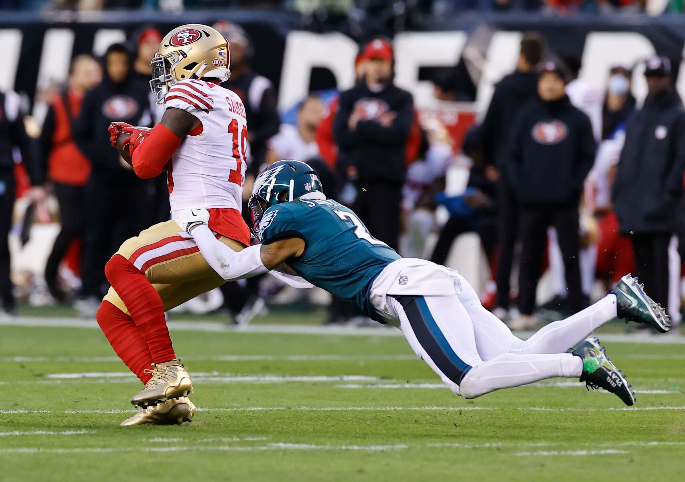 Eagles cornerback Darius Slay stops San Francisco 49ers wide receiver Deebo Samuel during the NFC Championship game on January 29.