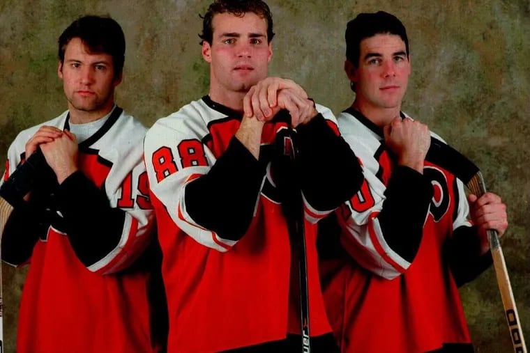 The Flyers’ Legion of Doom (left to right)–Mikael Renberg, Eric Lindros and John LeClair — will be reunited before Thursday’s game.