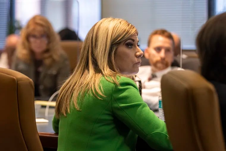Pennsylvania State Sen. Katie Muth, D.-Pa., at the PSERS investment committee meeting in the boardroom at the PSERS offices in Harrisburg, Pa., on Thursday, June 10, 2021. She has challenged many of the agency's investment proposals, calling on staff to provide more information, and has sued the agency in Commonwealth Court to obtain secret contracts governing hundreds of millions of dollars in payments to Wall Street investment firms, along with investigation records. The court dismissed preliminary objections by the agency's lawyers and the case is heading towards trial or settlement.