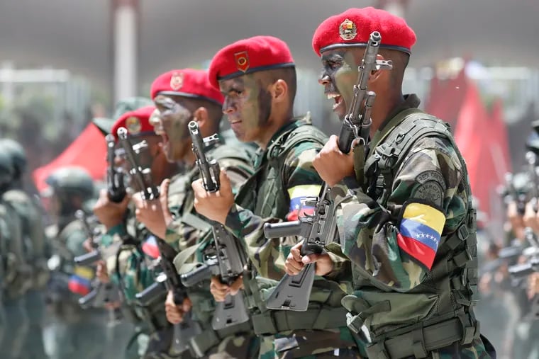 Soldiers march during a military parade marking Independence Day in Caracas, Venezuela, Friday July 5, 2019.