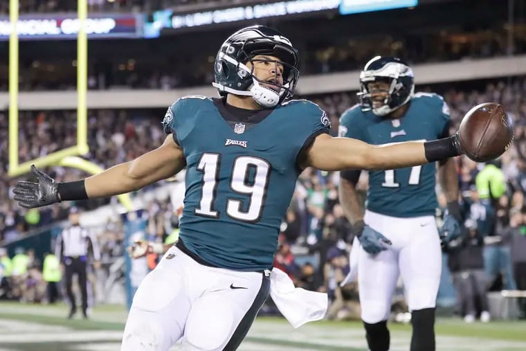 Eagles wide receiver Golden Tate celebrates his two-point conversion against the Washington Redskins in the fourth-quarter on Monday, December 3, 2018 in Philadelphia.  YONG KIM / Staff Photographer