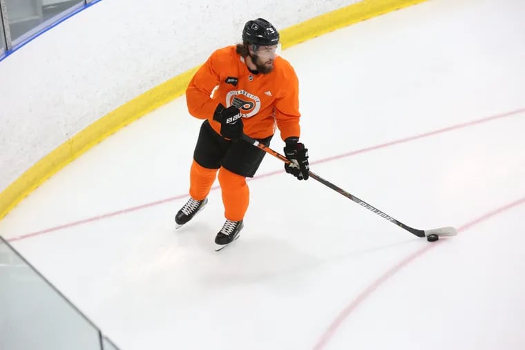 Defenseman Ivan Provorov skates at the Flyers' practice Wednesday in Toronto, where his team defeated Pittsburgh in overtime, 3-2, the previous night.