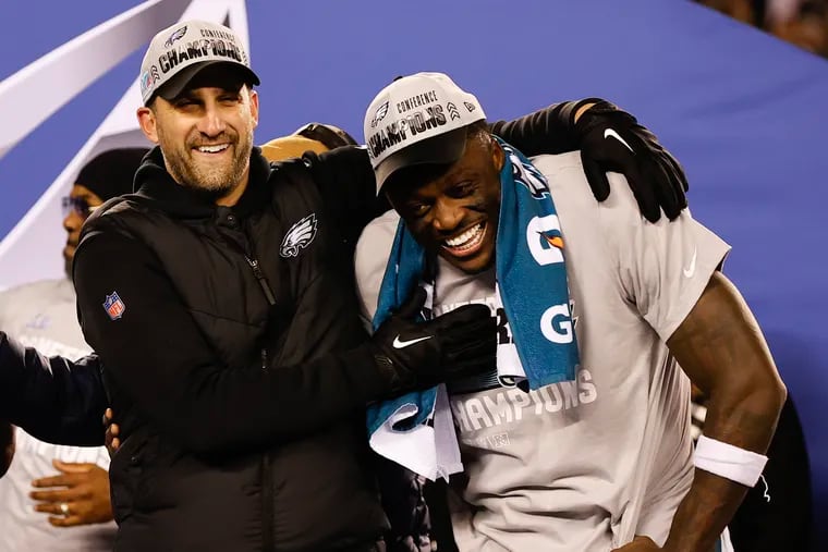 Eagles coach Nick Sirianni with wide receiver A.J. Brown after the victory in the NFC championship game last season.