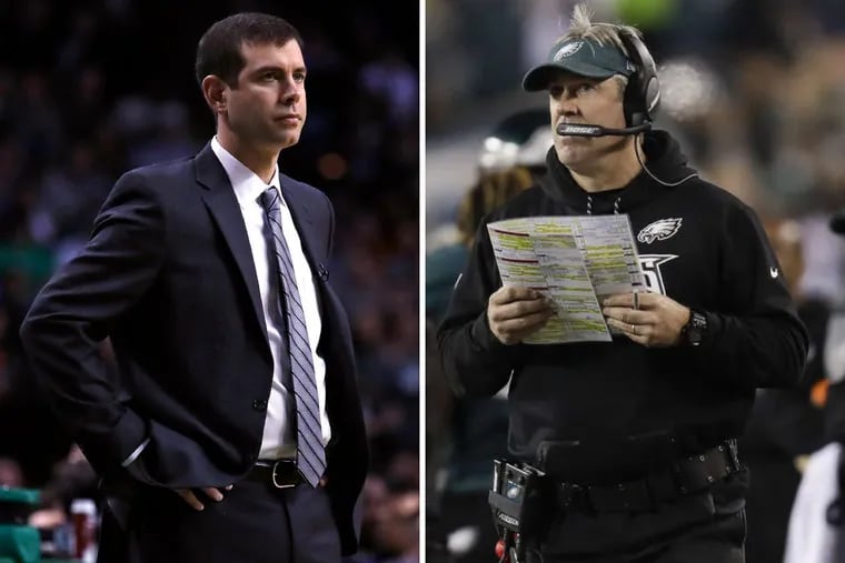 The similarities between the Celtics, led by Brad Stevens (left), and the Eagles, led by Doug Pederson, are uncanny.