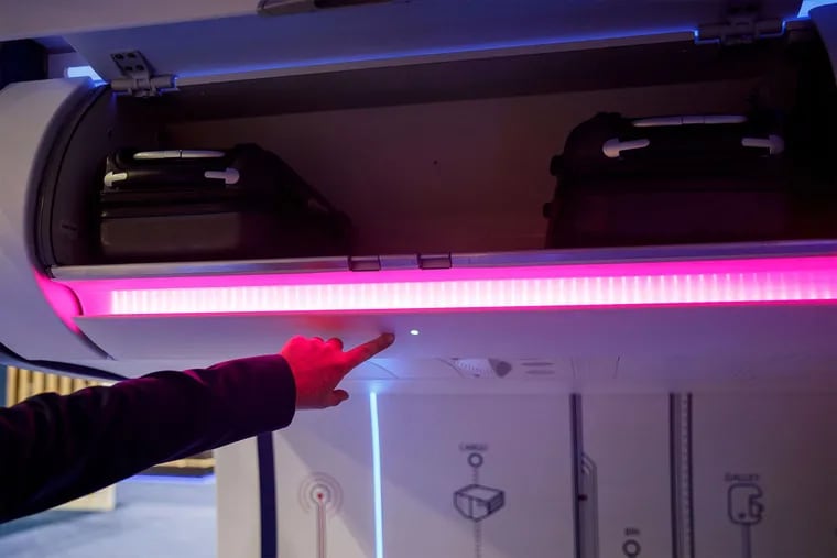The Airbus Connected Experience will know which overhead bin spaces are open, with green lights along the cabin, much like the lighting schemes used in parking decks to signal drivers toward unoccupied spaces. The demonstration was at the  APEX Expo in Los Angeles on Sept. 11.
