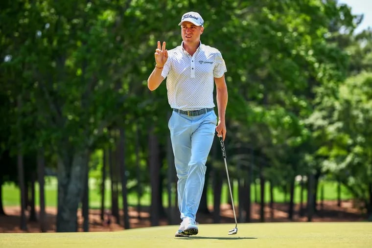 Justin Thomas reacts after making a birdie on the second hole during the final round of the Wells Fargo Championship at Quail Hollow Club on May 12, 2024 in Clifton, North Carolina. (Photo by Jared C. Tilton/Getty Images)