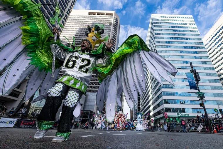 Philadelphia’s Mummers Fancy division “Fly Eagles Fly”  strut in the 2023 parade on Jan. 1, 2023 in Philadelphia, Pa.