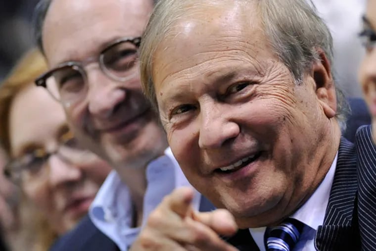 In this April 12, 2010 file photo, former New Jersey Nets owners Lewis Katz, right, and Bruce Ratner sit courtside at an NBA basketball game against the Charlotte Bobcats in East Rutherford, N.J. (AP Photo/Bill Kostroun)