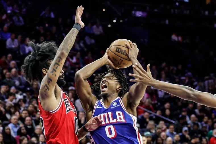 The Sixers' Tyrese Maxey had 29 points and eight rebounds against the Bulls on Monday.