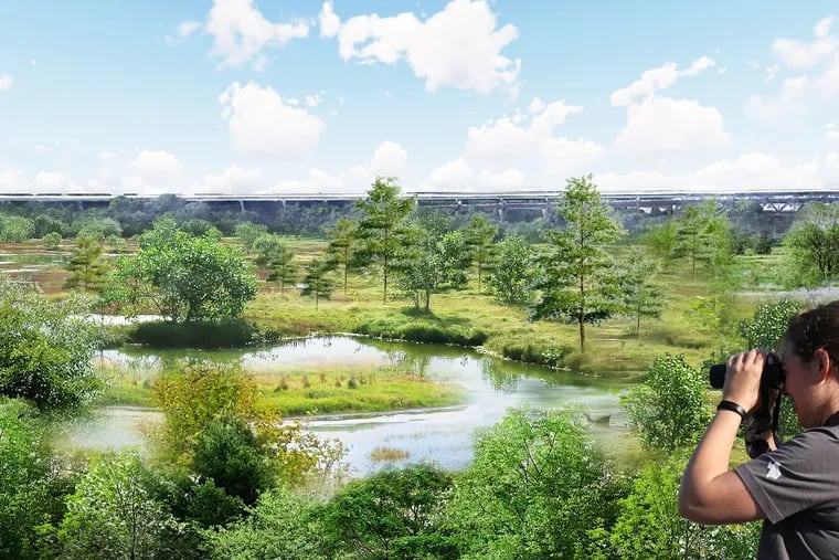 A conceptual illustration of a 33-acre wetland planned for FDR Park in South Philadelphia.