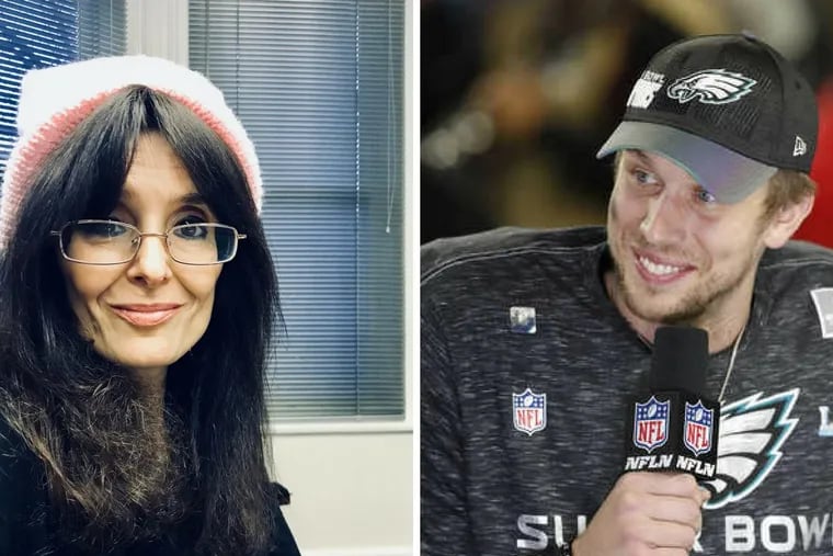 On the left, Christine Flowers dons her pink protest hat, which she promised to wear if the Eagles won the Super Bowl. On the right, Nick Foles is interviewed after the Eagles victory.