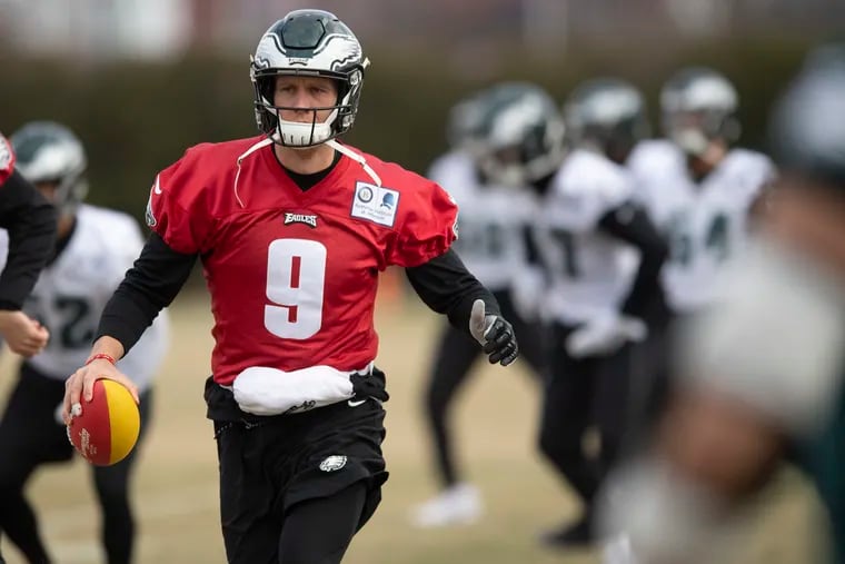 Philadelphia Eagles' Nick Foles (9) warms up during practice at the NFL football team's facility, Thursday, Dec. 13, 2018, in Philadelphia. JOSE F. MORENO / Staff Photographer