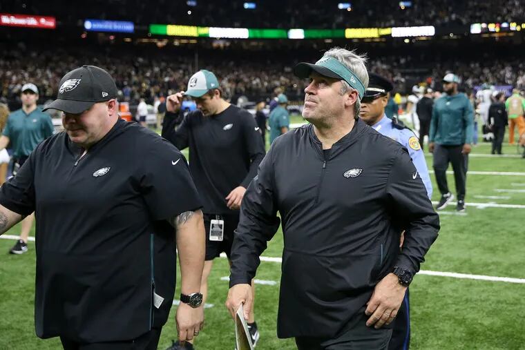 Eagles head coach Doug Pederson walks off the field after this past Sunday's season-ending playoff loss to the New Orleans Saints at the Mercedes-Benz Superdome.