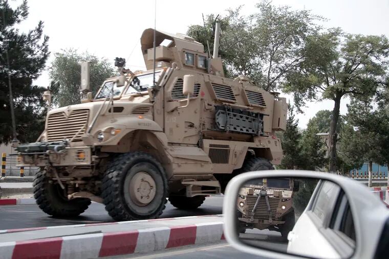 A U.S. armored vehicle patrols in Kabul, Afghanistan, Wednesday, Aug. 23, 2017. Two U.S. troops were killed in Afghanistan on Friday while carrying out an operation, the U.S.-led NATO coalition said.