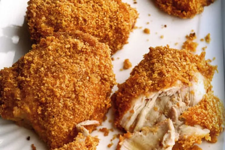 The recipe for Honey-Crisp Oven-Fried Chicken removes the skin, reducing calories, and uses a cereal coating.